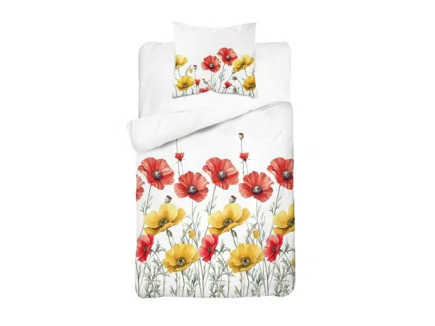 Pościel 140x200 bawełniana – czerwone maki, letnia łąka w sypialni