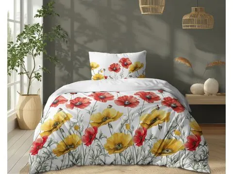 Pościel 140x200 bawełniana – czerwone maki, letnia łąka w sypialni