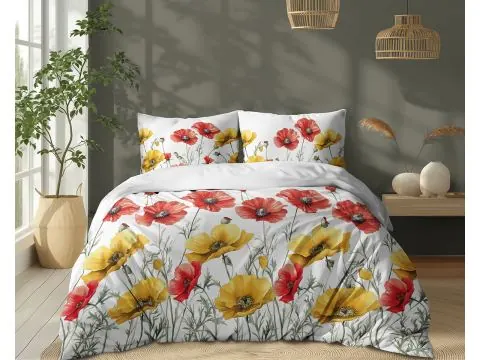 Pościel 180x200 bawełniana – czerwone maki, letnia łąka w sypialni