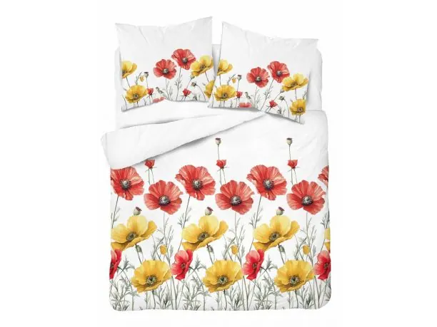 Pościel 220x200 bawełniana – czerwone maki, letnia łąka w sypialni