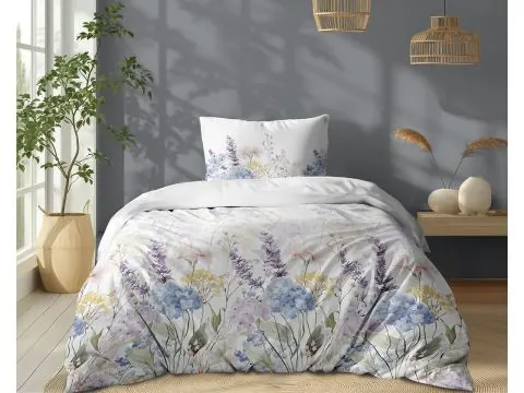 Pościel bawełniana 140x200 – malowniczy ogród z lawendą i hortensjami