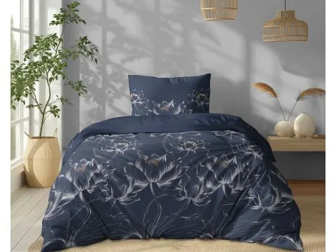 Pościel bawełniana 140x200 – szlachetny lotos w granacie i złocie