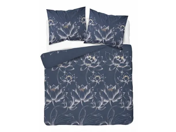 Pościel bawełniana 160x200 – szlachetny lotos w granacie i złocie