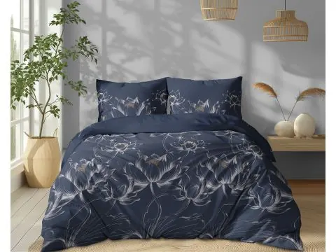 Pościel bawełniana 220x200 – szlachetny lotos w granacie i złocie