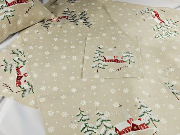 Bieżnik świąteczny - w kolorze lnu z motywem kościółka - 50x100 cm - Boże Narodzenie - wz. 14640