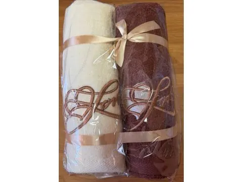 Komplet ręczników 70x140 2 szt bawełna 100% krem brąz haft LOVE zestaw ręczników