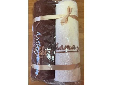 Ręcznik bawełniany 70x140 krem brąz haft MAMA , TATA 100% bawełna elegancki komplet