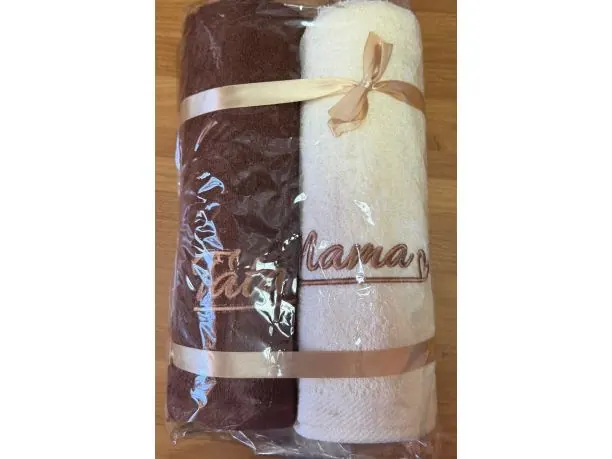 Ręcznik bawełniany 70x140 krem brąz haft MAMA , TATA 100% bawełna elegancki komplet