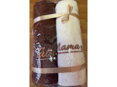 Ręcznik bawełniany 70x140 krem brąz haft MAMA , TATA 100% bawełna elegancki komplet