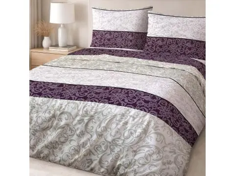Pościel z Bawełny 220x200 cm – Fioletowo-Szara w Eleganckie Wzory i Pasy