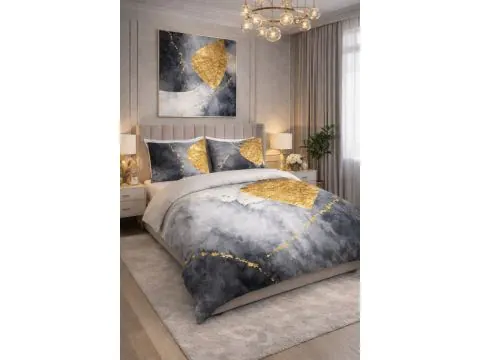 Pościel Satynowa 160x200 Glamour – Granatowo-Szary Marmur i Płynne Złoto