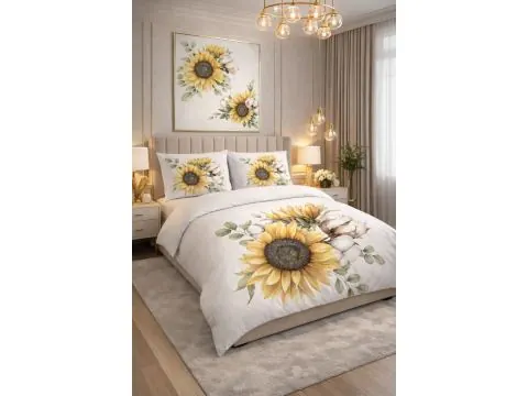 Pościel Satynowa 160x200 Modern Farmhouse – Malowane Słoneczniki i Eukaliptus