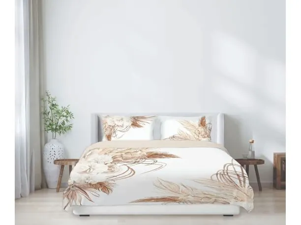 Pościel Satynowa 220x200 Modern Organic – Beżowe Pampasy i Kremowe Storczyki