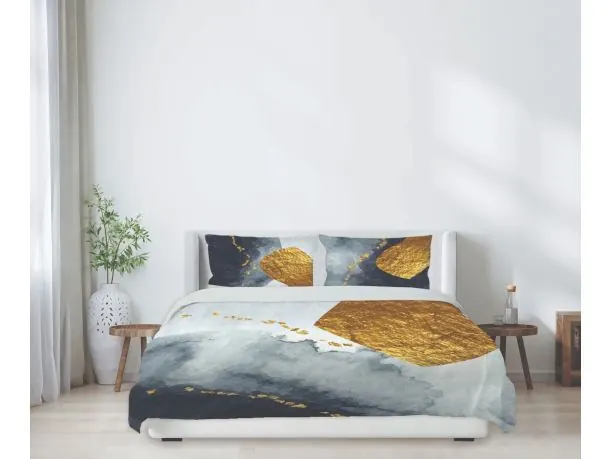 Pościel Satynowa 160x200 Glamour – Granatowo-Szary Marmur i Płynne Złoto