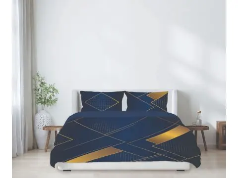Pościel z Satyny Bawełnianej 220x200 – Dwustronna, Granatowa ze Złotą Geometrią Art Deco