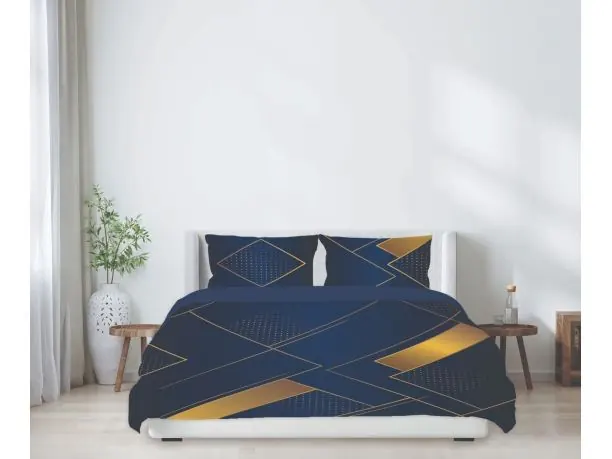 Pościel z Satyny Bawełnianej 160x200 – Dwustronna, Granatowa ze Złotą Geometrią Art Deco