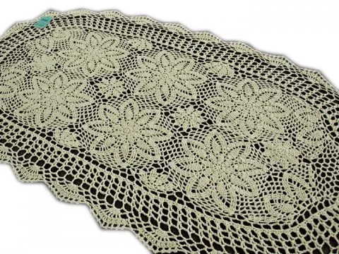 Bieżnik szydełkowy - naturalny / lniany - owal - 60x120 cm - wz. 4660