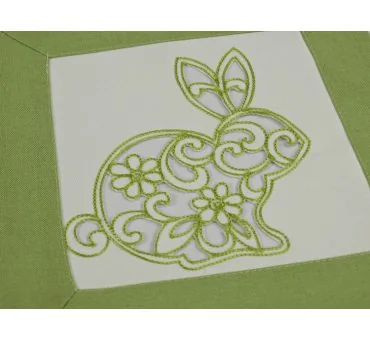 Serwetka Wielkanocna 25x25 Biało-Zielona Haftowany Zajączek z Ażurowym Wykończeniem