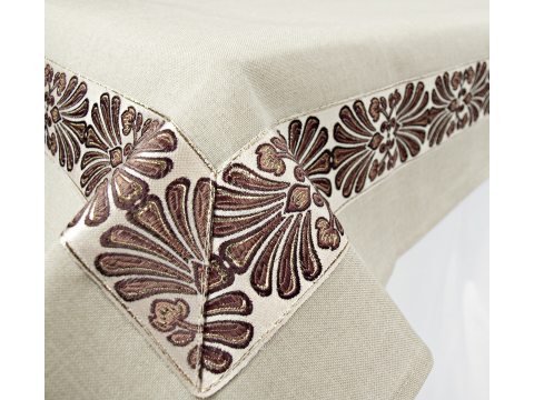 Haftowany Obrus - Beżowy -  brązowo złoty haft  - 150x300  int 2912  beż