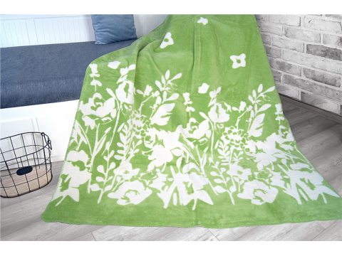 Koc Glamour -  Kwiatuszki - biało - zielone -  Flo zielony - 150x200 Greno