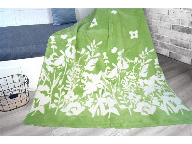 Koc Glamour - Kwiatuszki - biało - zielone - Flo zielony - 150x200 Greno