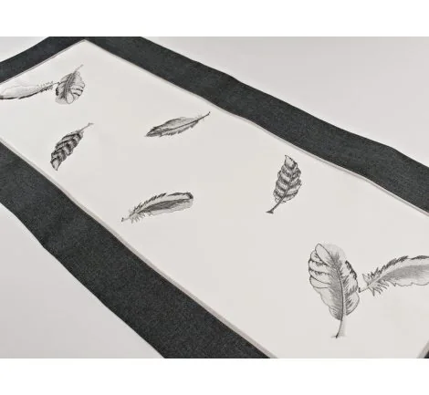 Haftowany bieżnik - biały - grafit - 40x90 cm Piórka - 9340
