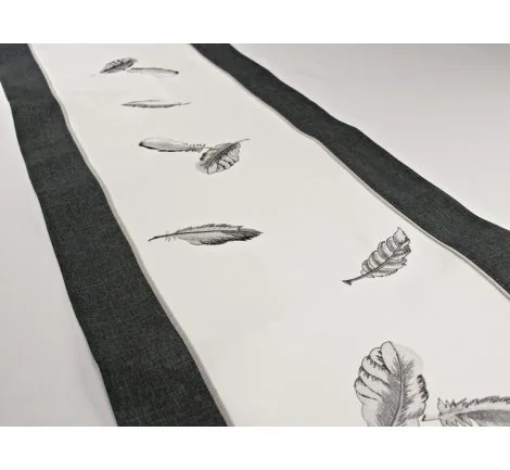 Haftowany bieżnik - szal - biały - grafit - 40x110 cm Piórka - 9340