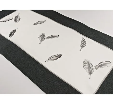 Haftowany bieżnik - szal - biały - grafit - 50x100 cm Piórka - 9340