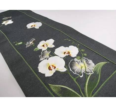 Grafitowy bieżnik haftowany orchidea – elegancka dekoracja stołu 40x110 cm