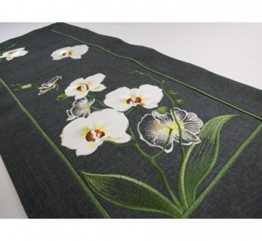 Bieżnik Haftowany - Orchidea - grafit - 40 x 90 cm - 9419