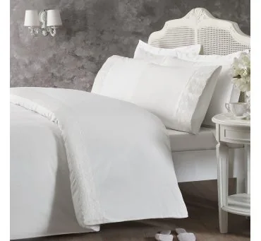 Satynowa pościel 200x220 Arian White Tivolyo Home – luksusowa bawełna z koronką 6 el.