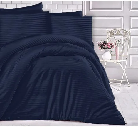 Satyna bawełniana granatowe paski 220x200 Cizgili Navy Blue Luxury