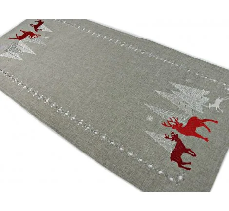 Nakładka świąteczna - Czerwone, popielate - renifery, choinka - 35 x 70 cm int 17436 sz