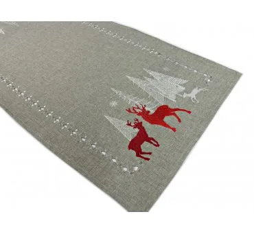 Nakładka Świąteczna 40x85 cm Czerwono-Popielata Renifery i Choinka – Dekoracja Stołu na Boże Narodzenie